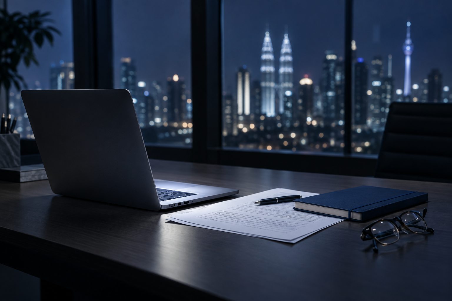 A lawyer's desk at night, a laptop glow on an annotated printed draft and a navy notebook, the city softly blurred beyond the window
