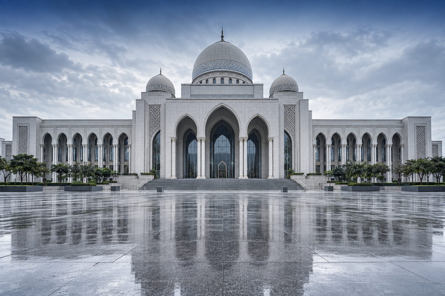 A white stone courthouse with tall arches and a colonnade, its forecourt wet after rain
