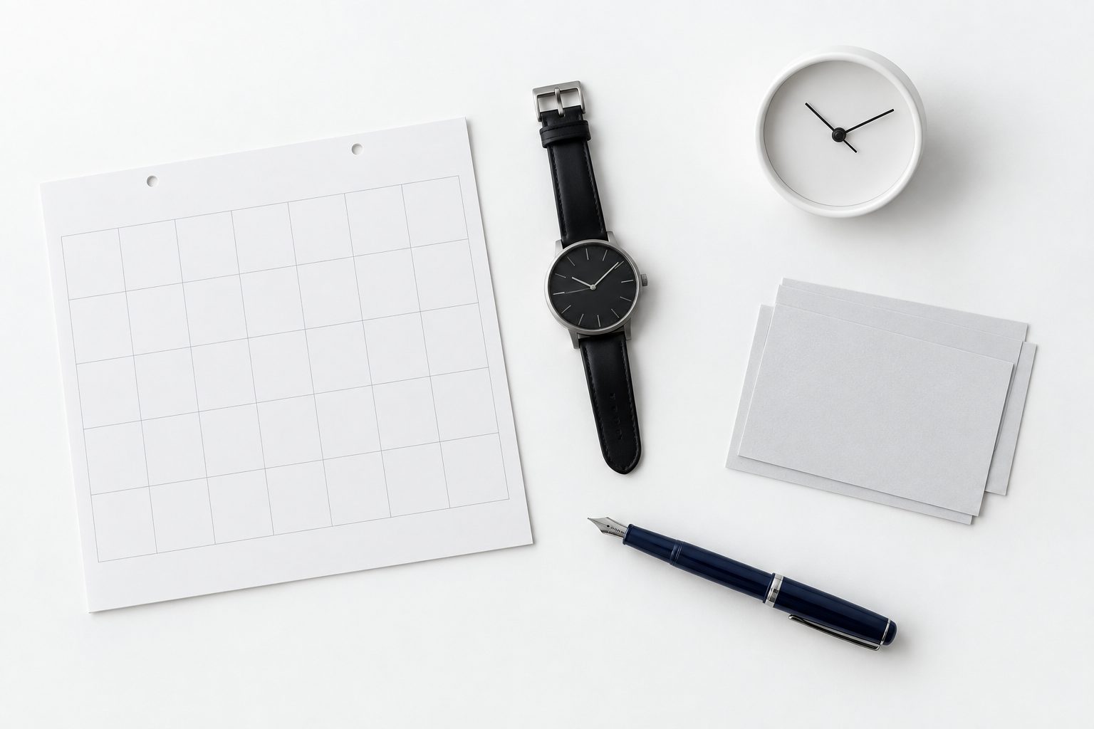 A desk calendar page, a wristwatch, a navy fountain pen and index cards laid out on a white desk