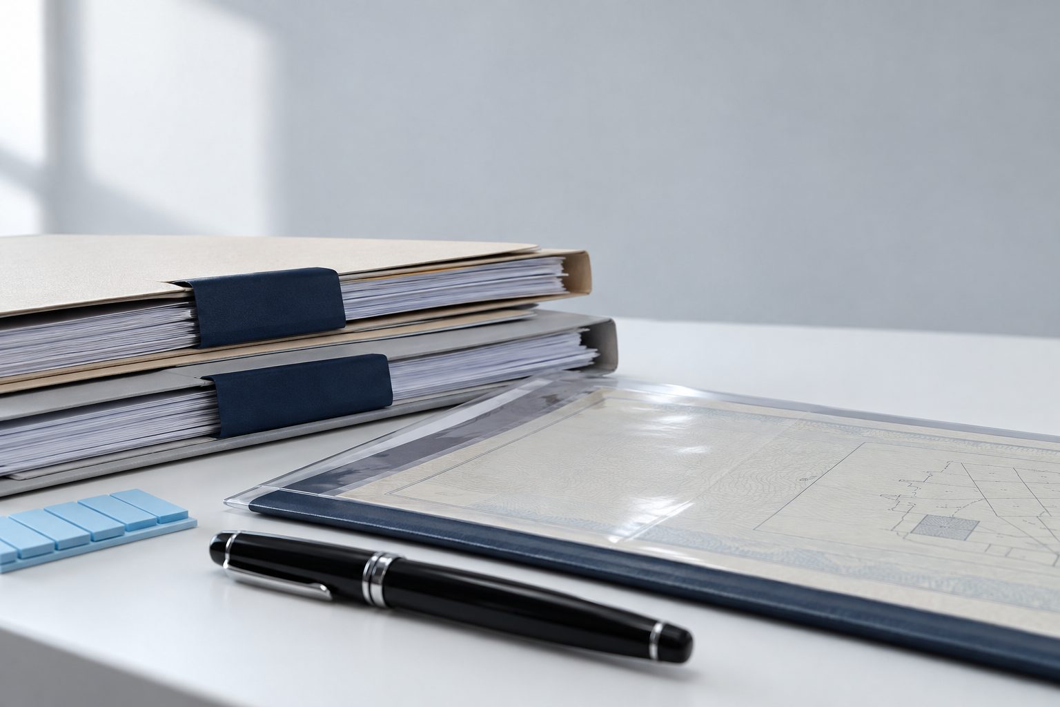 A stack of legal file folders with navy index tabs, a folded land title in a clear sleeve and a fountain pen on a white desk