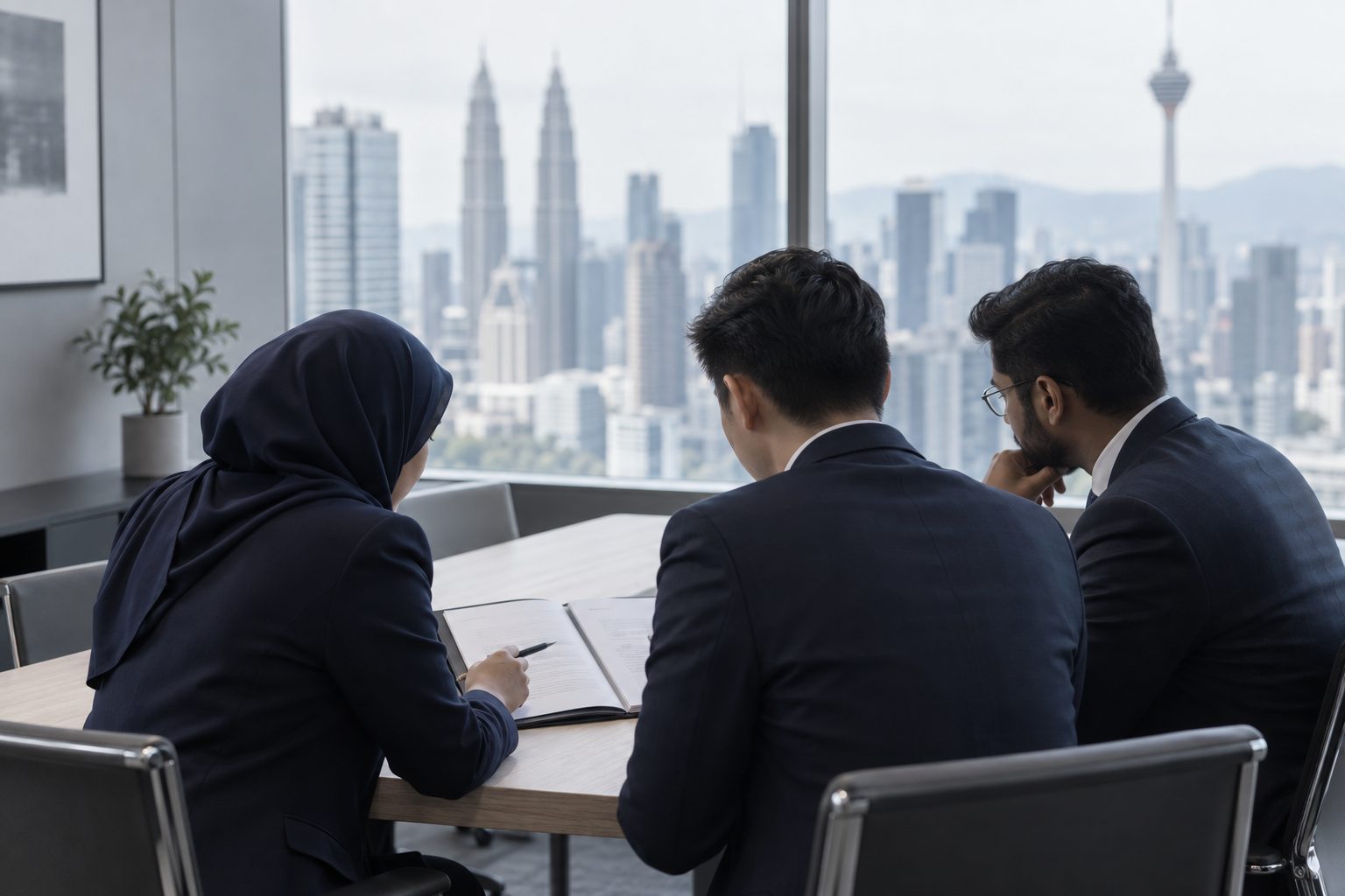 Three colleagues at a white table in a Kuala Lumpur law firm, reviewing one open file together, the city blurred beyond the glass