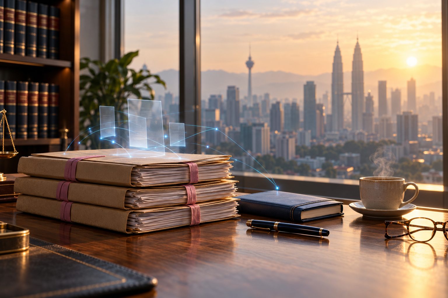 AI Lawyer reading the case files on a partner's desk in Kuala Lumpur at sunrise, linking them with lines of light