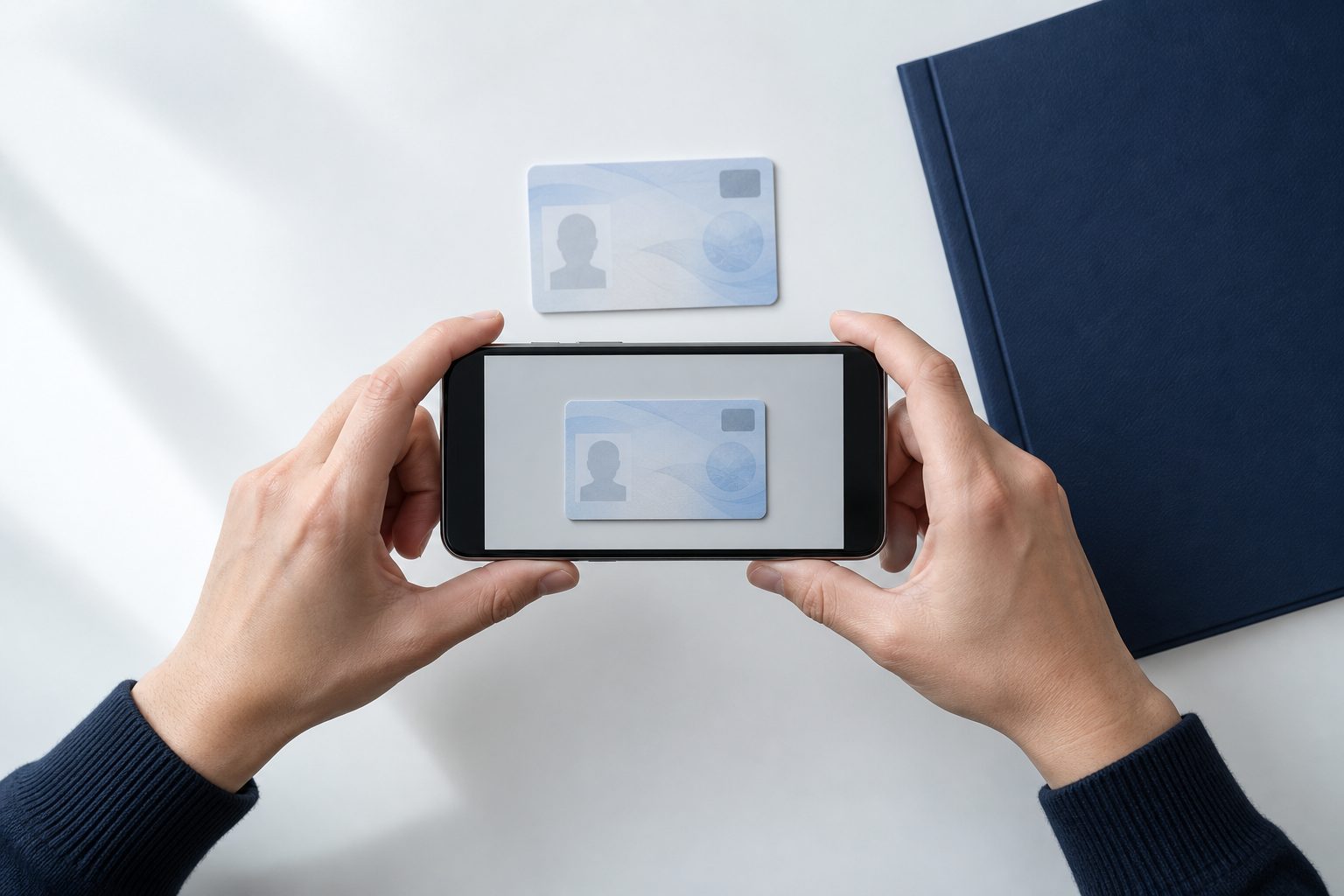 Hands holding a phone above a generic identity card on a white desk, photographing it