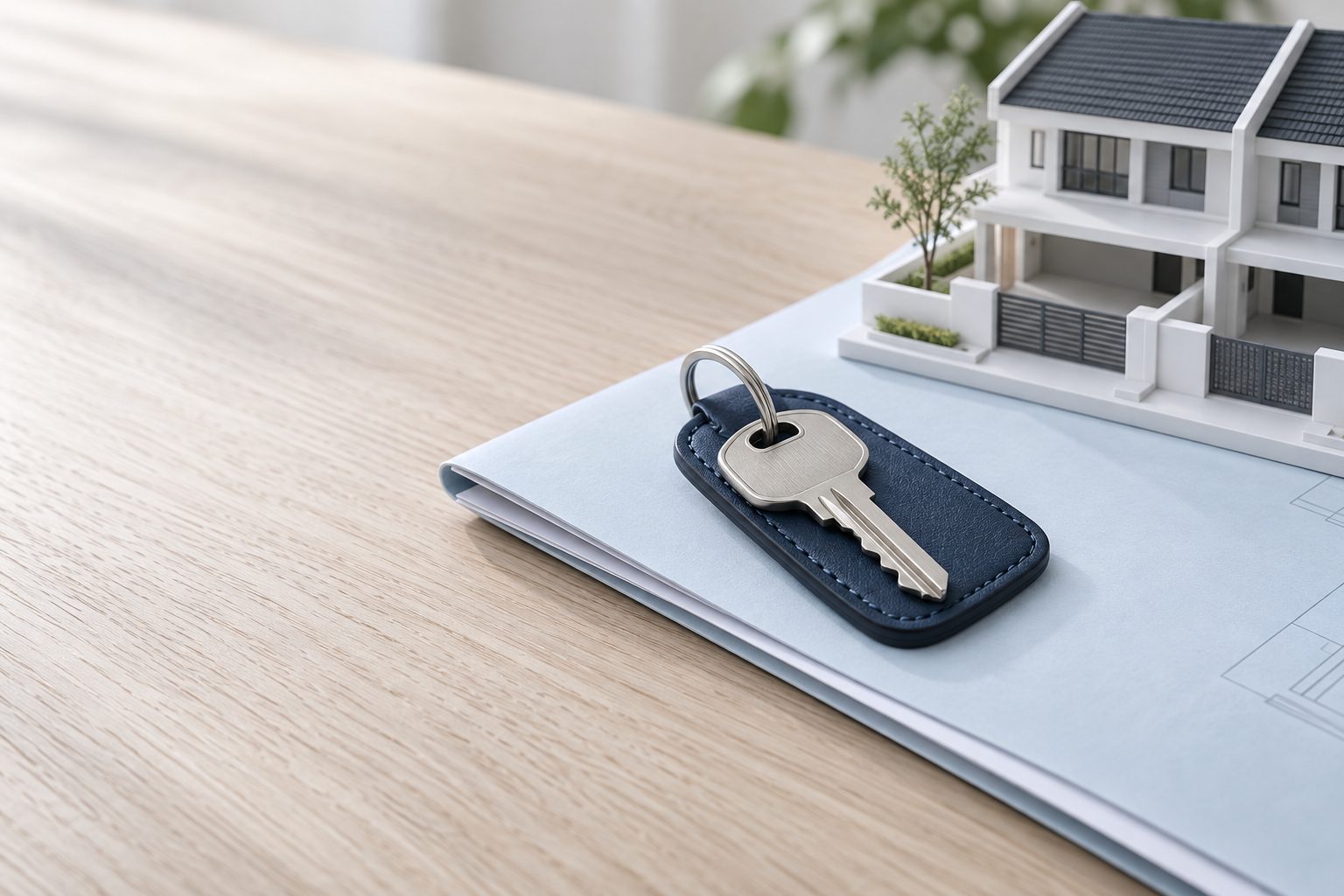 A steel house key on a navy leather fob resting on a folded property agreement beside a small white model house