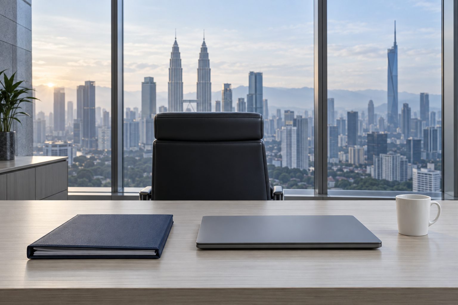 A corner office in Kuala Lumpur at seven in the morning, a single navy case file on the desk and the skyline in soft haze beyond the glass