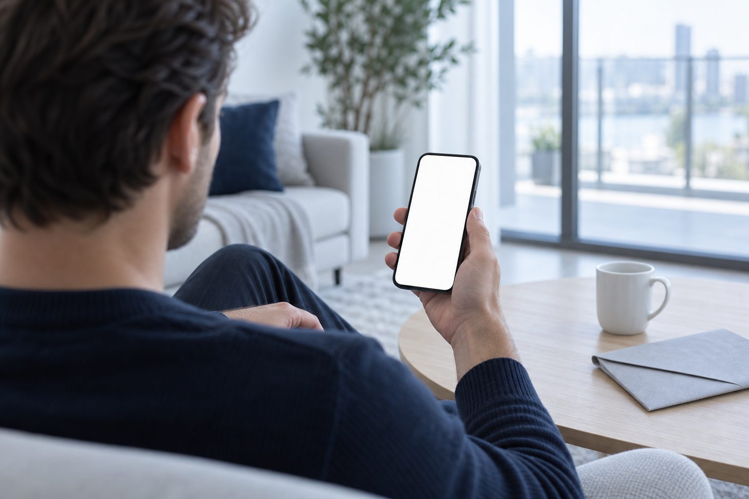 A client at home reading a phone held at reading distance, a cup and a folded envelope on the table