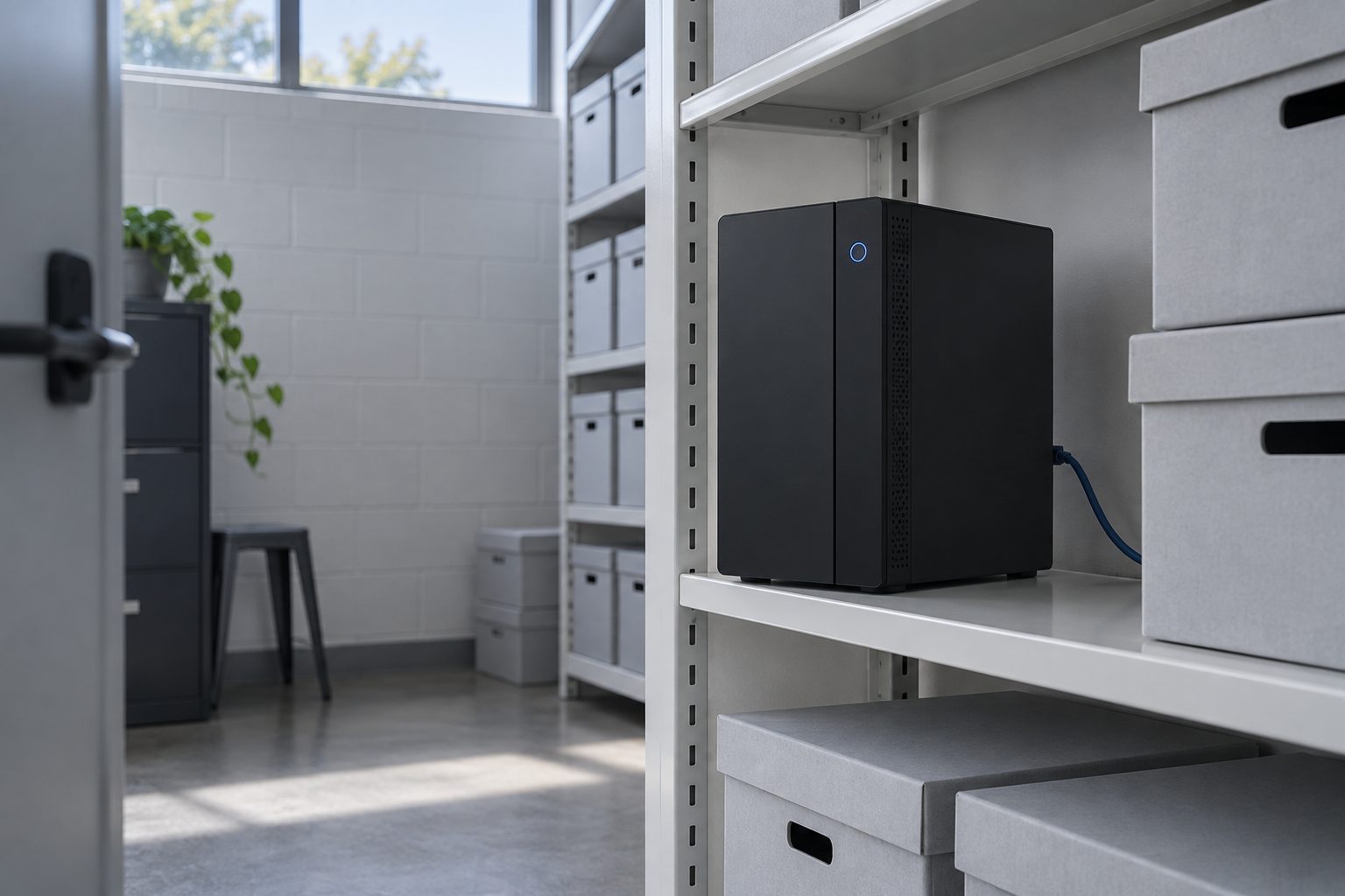 A compact black computer with a navy power light on a white shelf in a small records room, beside grey archive boxes