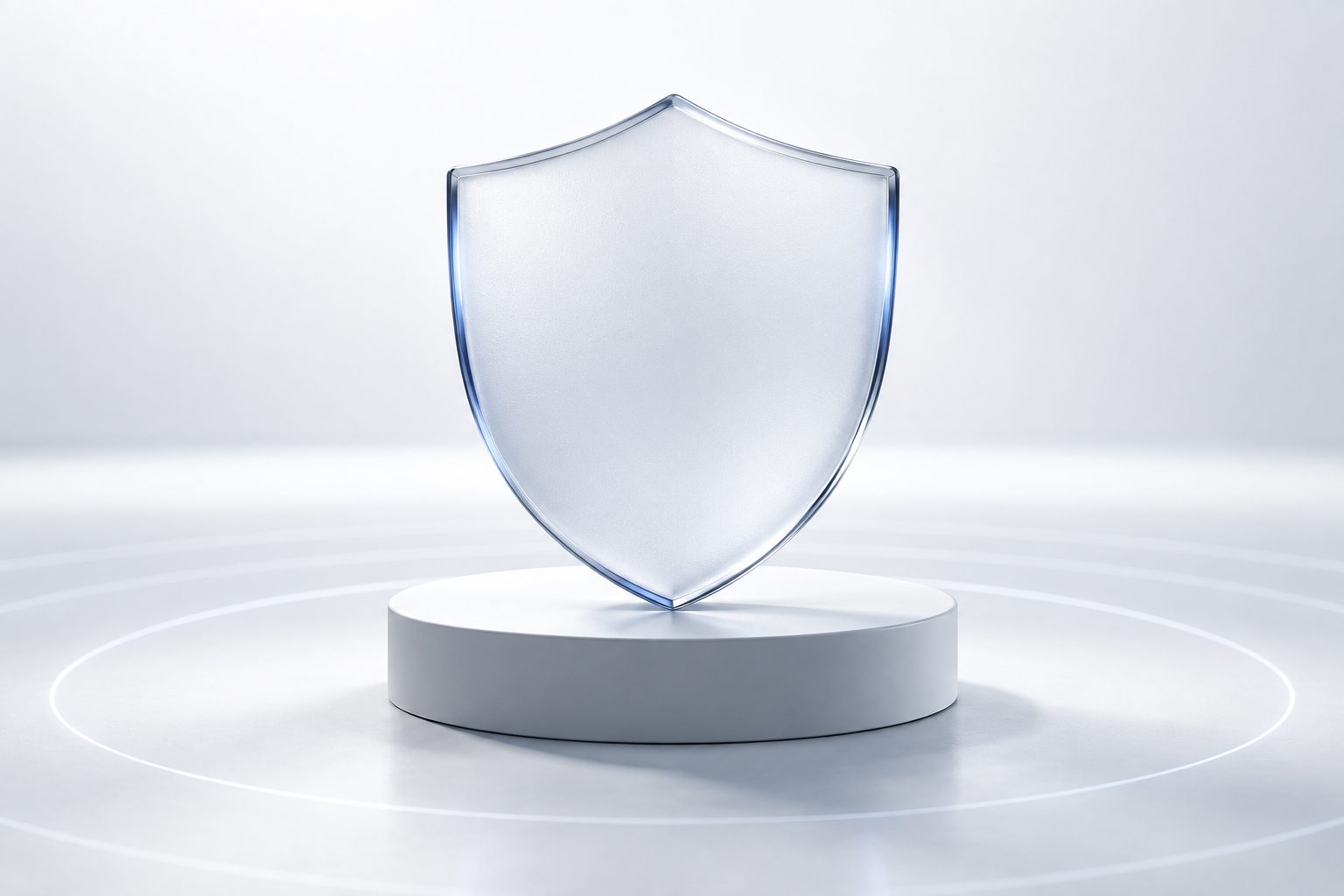 A frosted glass shield standing on a white plinth, its edges glowing faintly navy